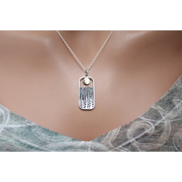 Sterling Silver Rectangle Pine Tree with Bronze Sun Necklace - Picture 2 of 8